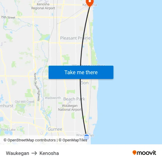 Waukegan to Kenosha map