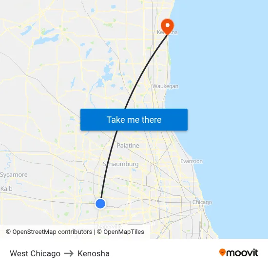 West Chicago to Kenosha map