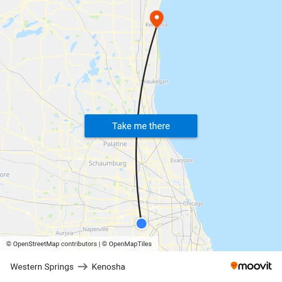 Western Springs to Kenosha map