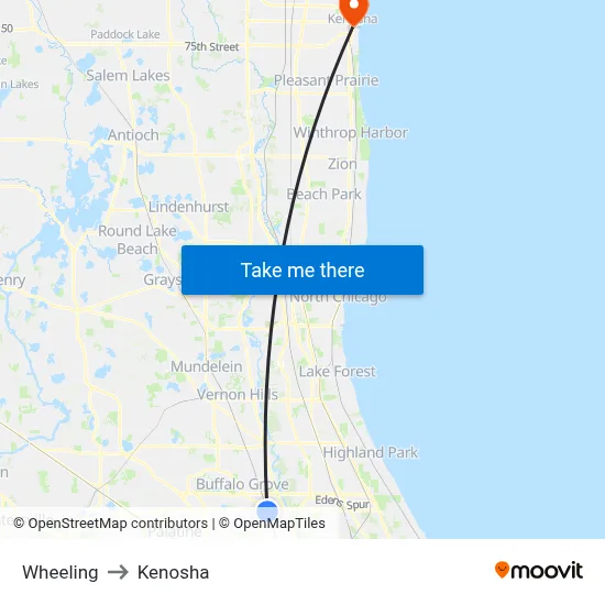 Wheeling to Kenosha map