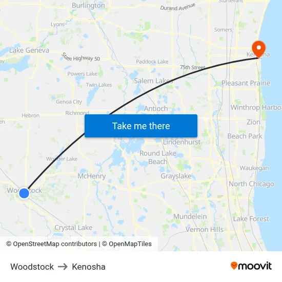 Woodstock to Kenosha map