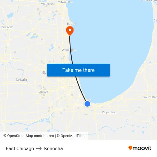 East Chicago to Kenosha map