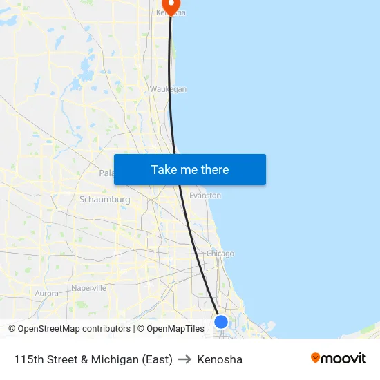 115th Street & Michigan (East) to Kenosha map