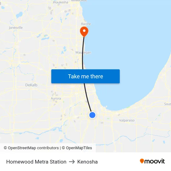 Homewood Metra Station to Kenosha map