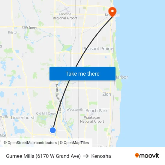 Gurnee Mills (6170 W Grand Ave) to Kenosha map