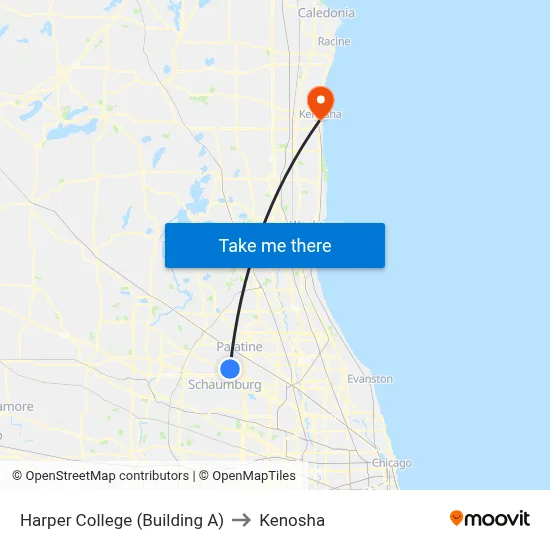 Harper College (Building A) to Kenosha map