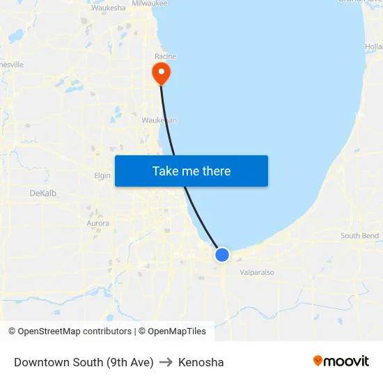 Downtown South (9th Ave) to Kenosha map
