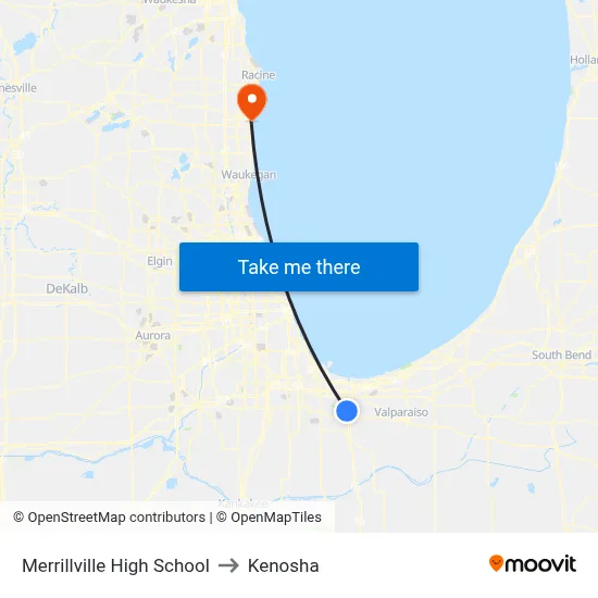 Merrillville High School to Kenosha map
