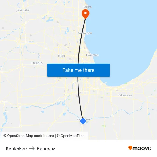 Kankakee to Kenosha map
