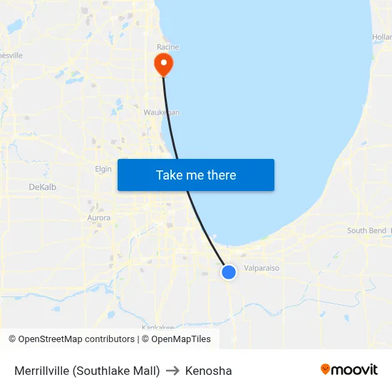 Merrillville (Southlake Mall) to Kenosha map