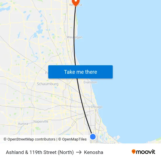 Ashland & 119th Street (North) to Kenosha map