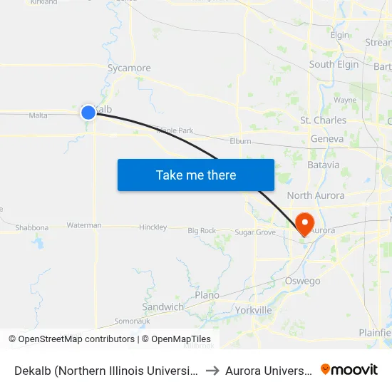 Dekalb (Northern Illinois University) to Aurora University map