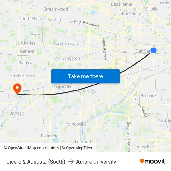 Cicero & Augusta (South) to Aurora University map
