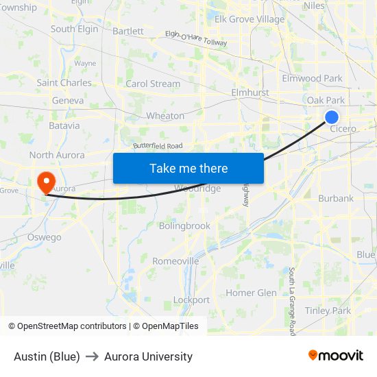 Austin (Blue) to Aurora University map