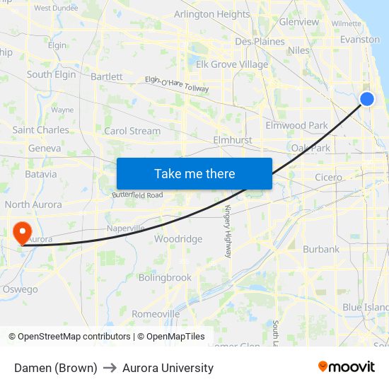 Damen (Brown) to Aurora University map