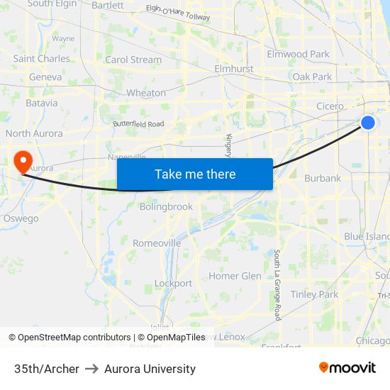 35th/Archer to Aurora University map