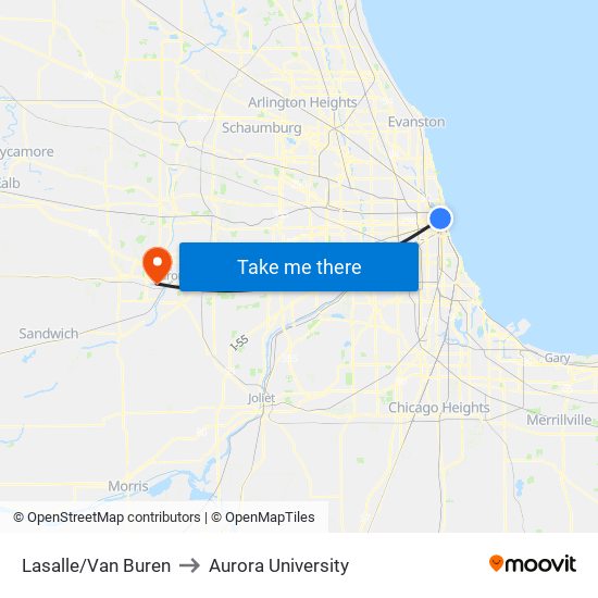 Lasalle/Van Buren to Aurora University map