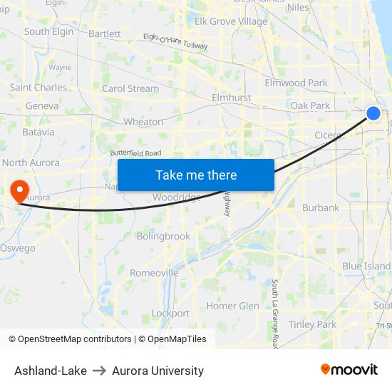 Ashland-Lake to Aurora University map