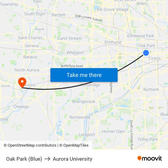 Oak Park (Blue) to Aurora University map