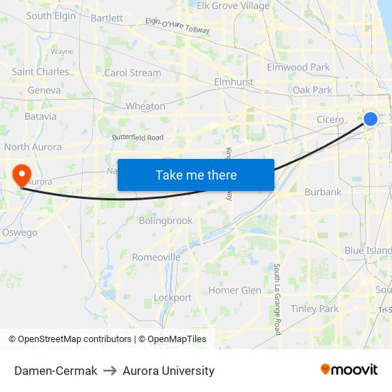 Damen-Cermak to Aurora University map