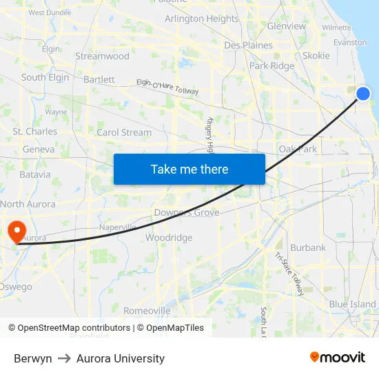 Berwyn to Aurora University map