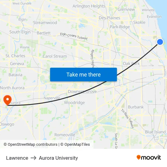 Lawrence to Aurora University map