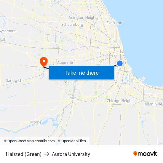 Halsted (Green) to Aurora University map