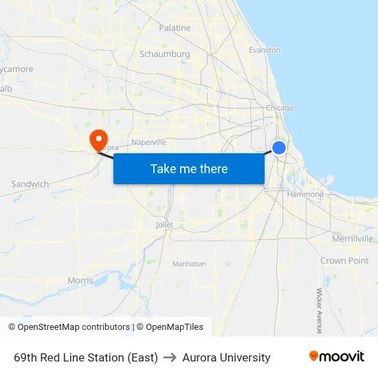 69th Red Line Station (East) to Aurora University map
