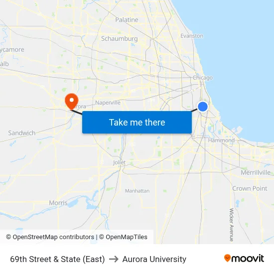 69th Street & State (East) to Aurora University map
