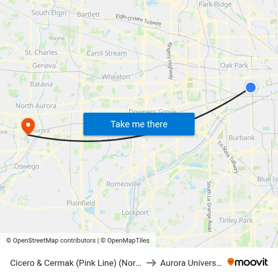 Cicero & Cermak (Pink Line) (North) to Aurora University map