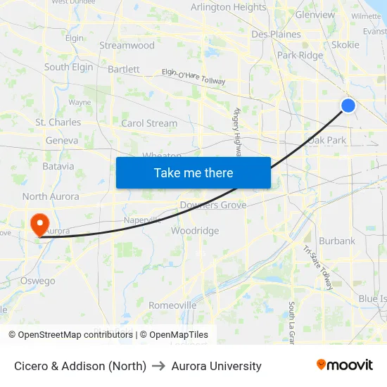 Cicero & Addison (North) to Aurora University map