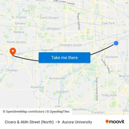 Cicero & 46th Street (North) to Aurora University map