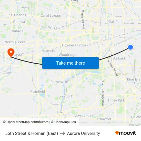 55th Street & Homan (East) to Aurora University map