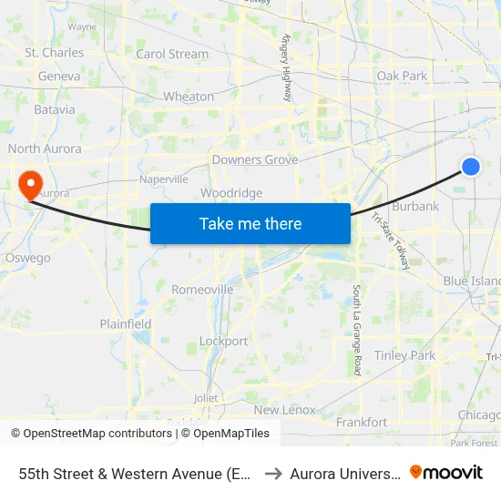 55th Street & Western Avenue (East) to Aurora University map
