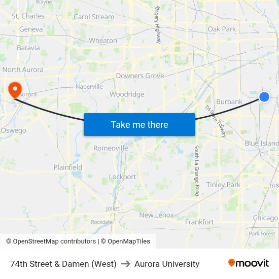 74th Street & Damen (West) to Aurora University map