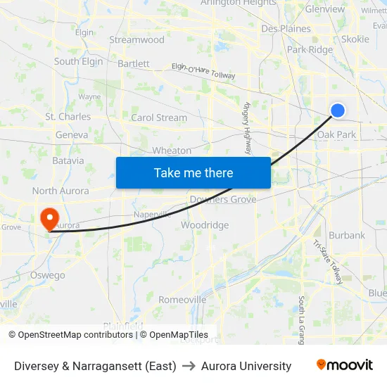 Diversey & Narragansett (East) to Aurora University map