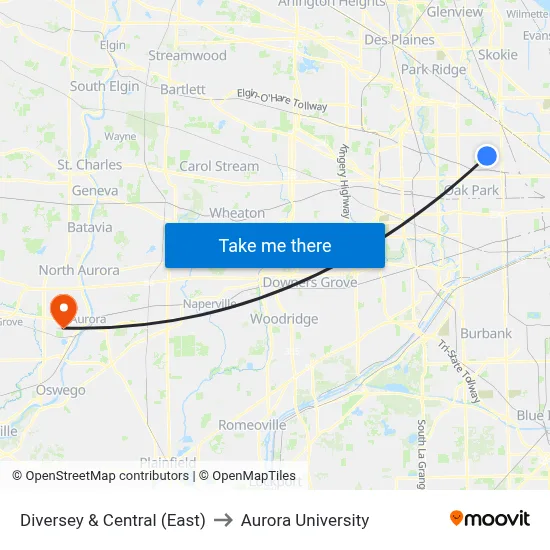 Diversey & Central (East) to Aurora University map
