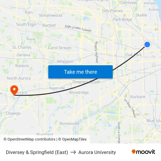 Diversey & Springfield (East) to Aurora University map