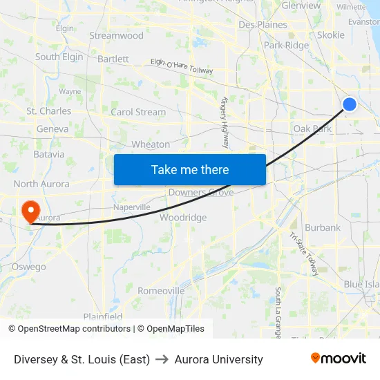 Diversey & St. Louis (East) to Aurora University map