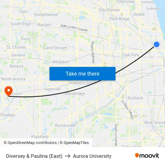 Diversey & Paulina (East) to Aurora University map