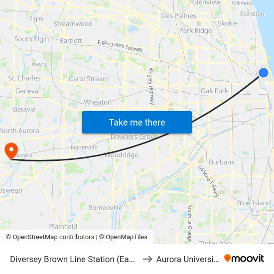 Diversey Brown Line Station (East) to Aurora University map