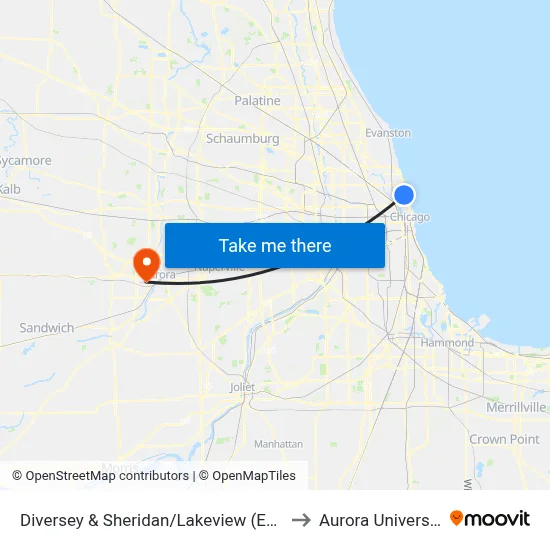 Diversey & Sheridan/Lakeview (East) to Aurora University map