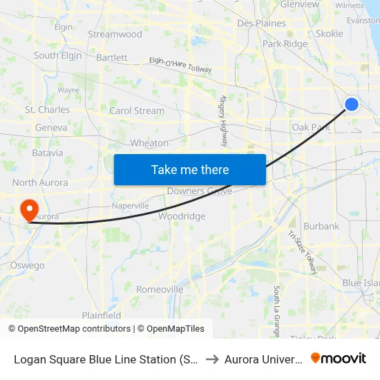 Logan Square Blue Line Station (South) to Aurora University map