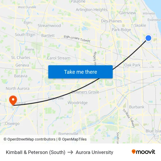 Kimball & Peterson (South) to Aurora University map