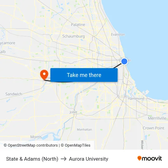 State & Adams (North) to Aurora University map