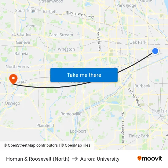 Homan & Roosevelt (North) to Aurora University map