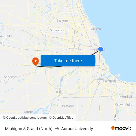 Michigan & Grand (North) to Aurora University map