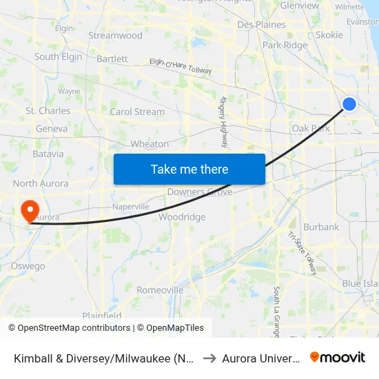 Kimball & Diversey/Milwaukee (North) to Aurora University map