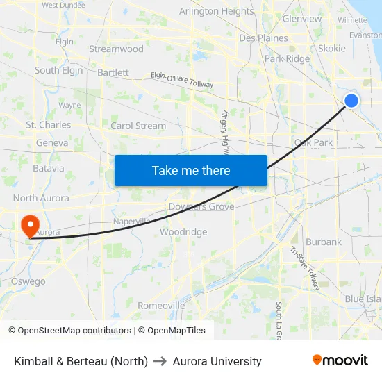 Kimball & Berteau (North) to Aurora University map