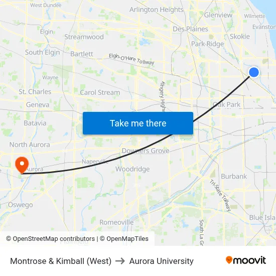 Montrose & Kimball (West) to Aurora University map